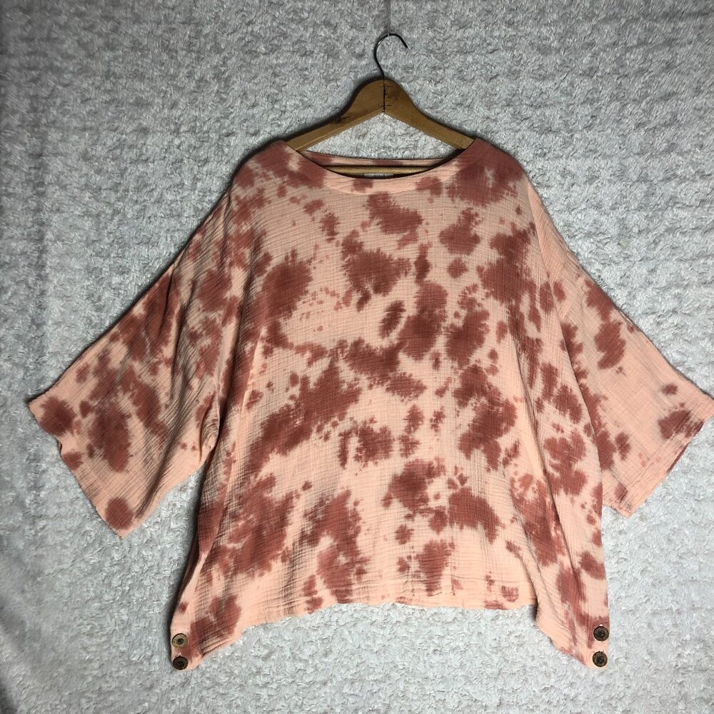 Tie Dye Tunic Top Button Detail Oversized Comfy Casual Bohemian Women's Size L